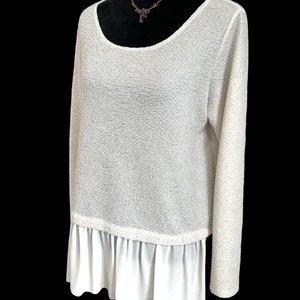 Karen Kane Long Sleeve Cream Top With Metallic Threading Chiffon Peplum